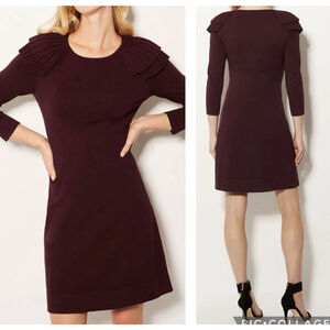 KAREN MILLEN Knit Dress Pleated Shoulder 3/4 Sleeve Knee Length Burgundy M